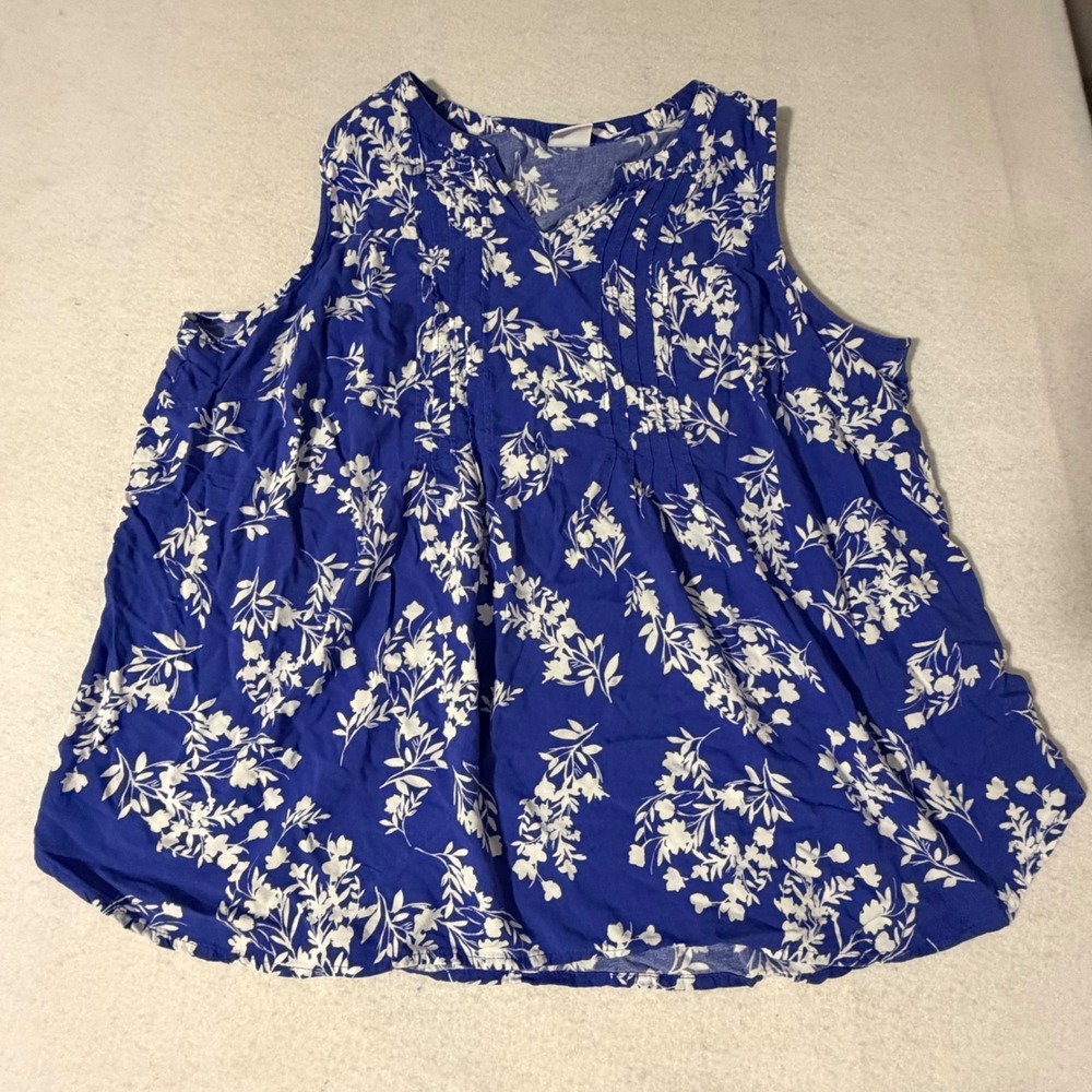 Croft & Barrow Blue Floral Pintuck Sleeveless Blouse Top 1X Rayon Womens
